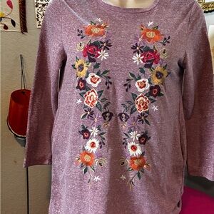 Embroidered Floral Scoop Neck Top - Dusty Rose